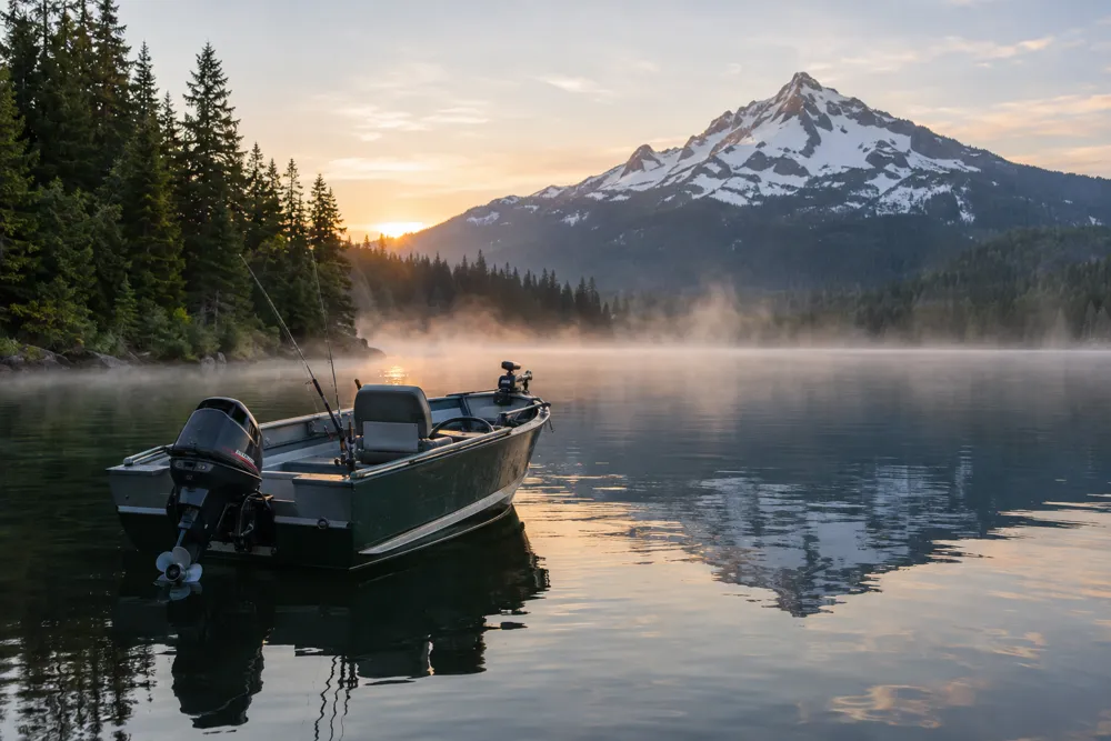 Fishing boat on a calm mountain lake